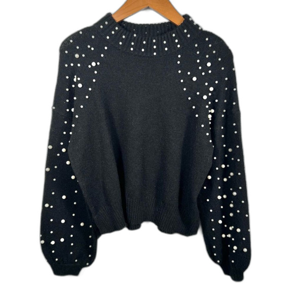 Sincerely Jules Pearl Studded Balloon Sleeve Black Pullover Sweater Size Medium - Picture 1 of 13